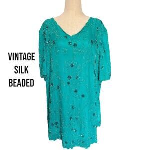 Roaman's Vintage Silk Beaded Sequined Teal Short Sleeved Blouse Top Shirt Sz 24W